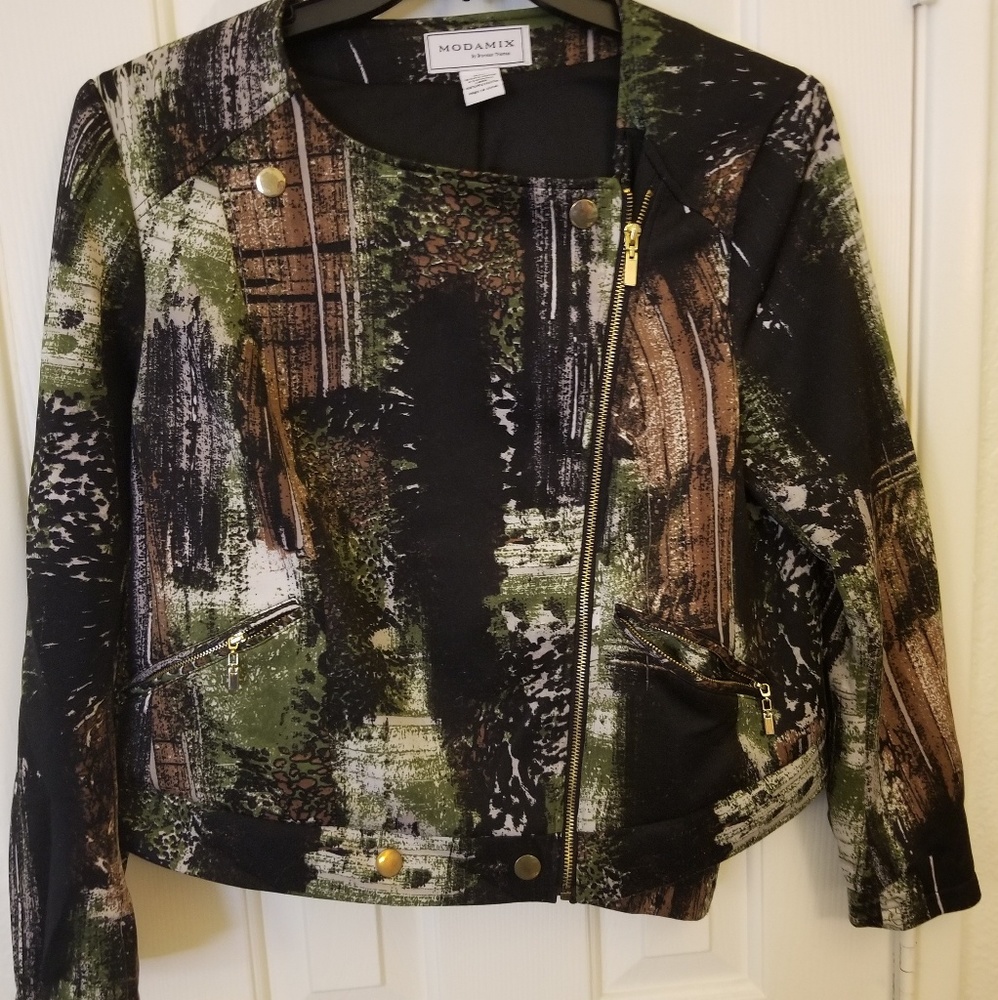 Green/Brown/Black Moto Style Fabric Jacket